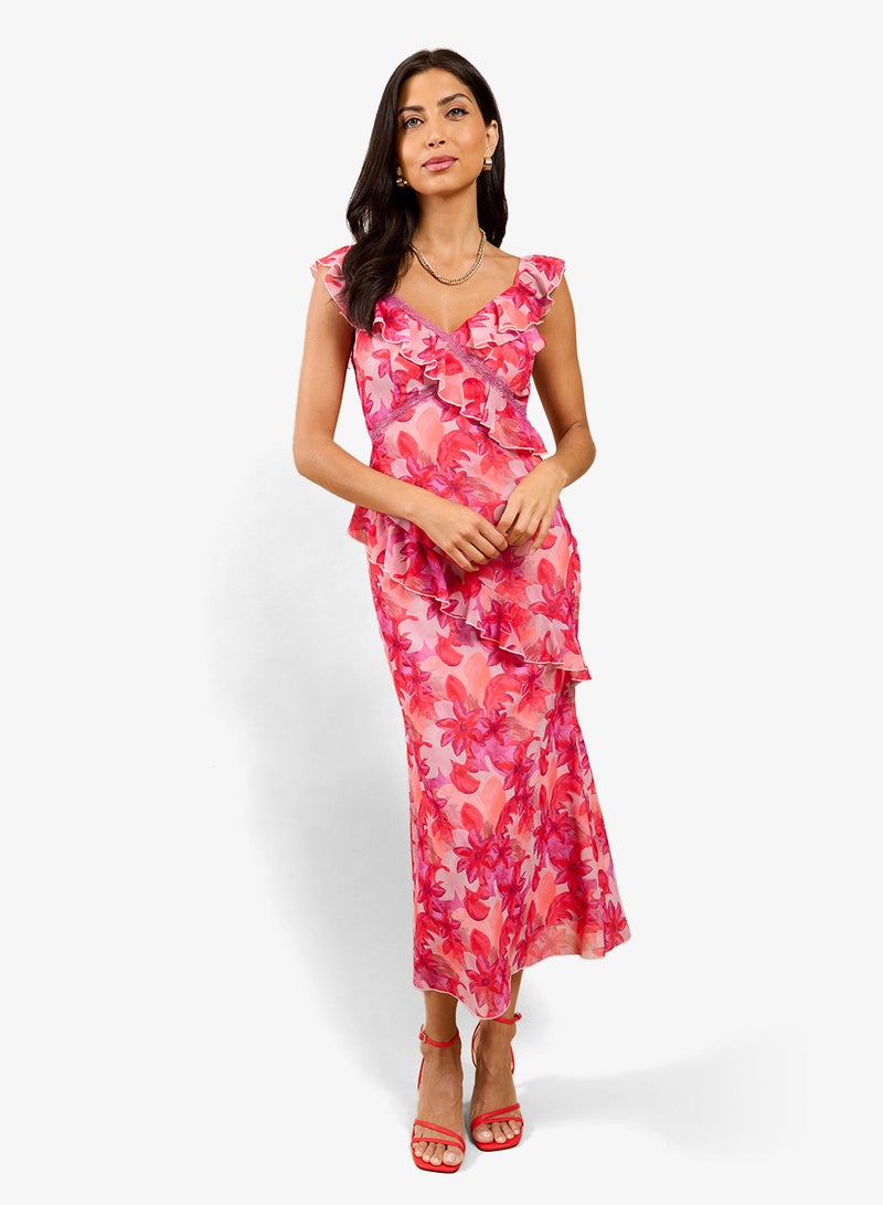 Little Mistress Floral Ruffle Midi Dress - Image 1